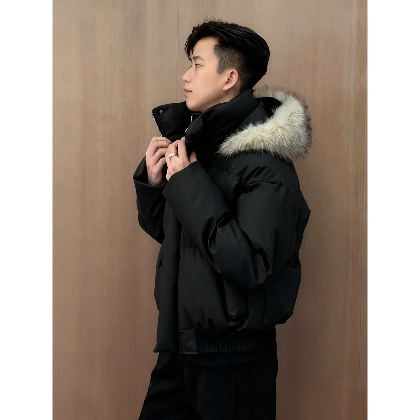 黑色美式短款pu皮羽绒棉服男冬季可拆卸毛领棉衣外套高级感面包服