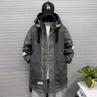 冬季新款工装潮牌加绒加厚保暖中长款羽绒服外套男休闲宽松派克服