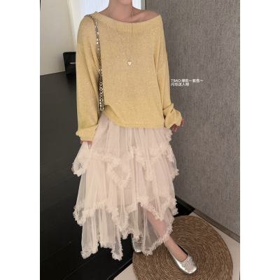 璀璨夺目26年早春闪烁迷人眼韩系亮片星空针织衫一字领镂空针织衫