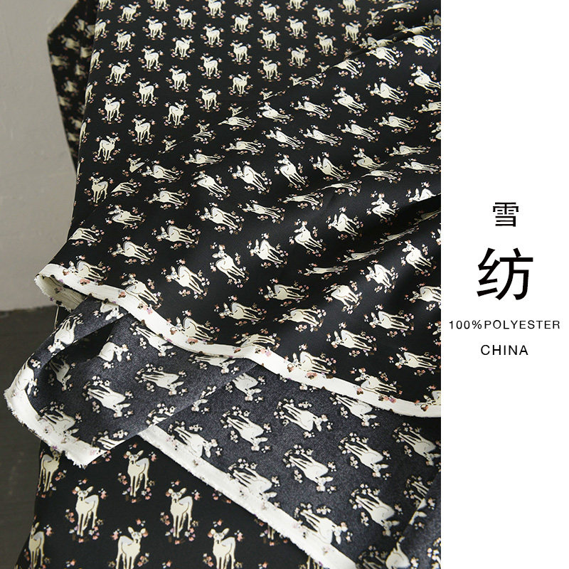 外单雪纺涤纶抗皱面料春夏服装连衣裙印花海滩风碎花手工布料小鹿