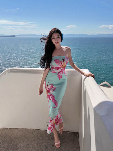 果冻海岛度假蒂芬妮蓝百合花弹性抹胸修身连衣裙