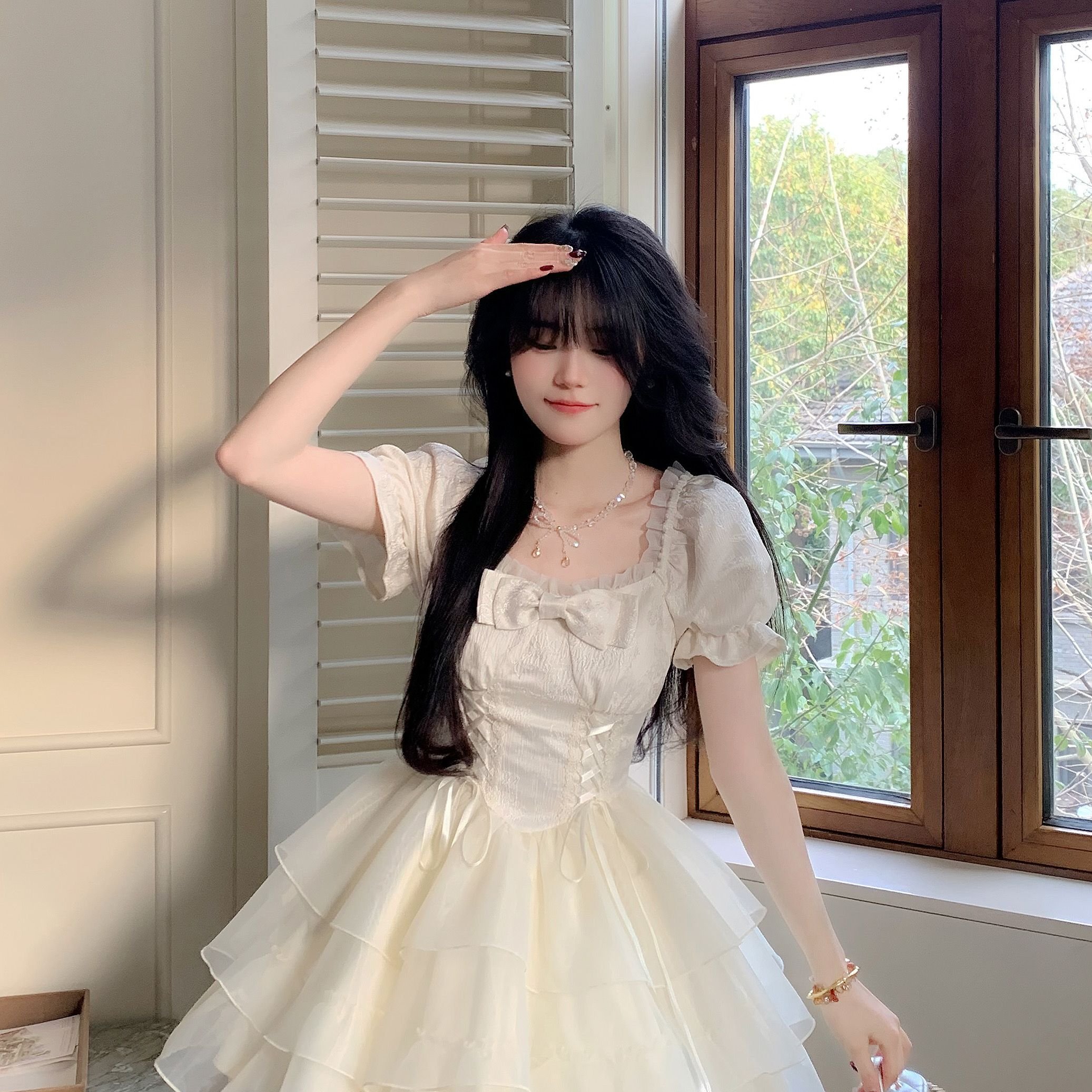 Blovelan清风铃兰甜美公主风蝴蝶结欧根纱短款连衣裙蓬蓬裙女春夏