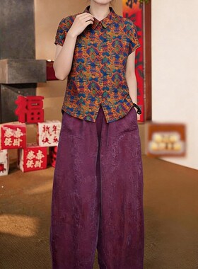 时尚洋气妈妈减龄复古套装夏季新款宽松显瘦百搭上衣阔腿裤两件套