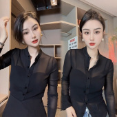 黑色网纱薄款 爆款 长袖 女新款 夏高级感气质显瘦上衣 透视衬衫 法式