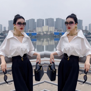 2026早秋名媛风职业女性新款洋气时尚白色气质衬衫高腰阔腿裤套装