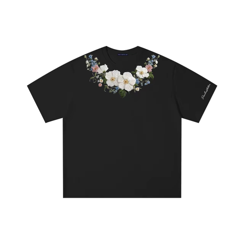 WORK 美式高街花团锦簇仿刺绣品牌字母印花短袖T恤 男女同款