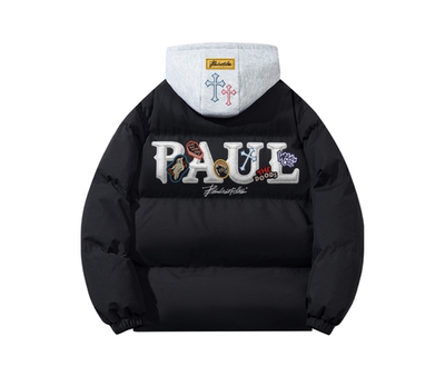 保罗.科斯特洛 仿刺绣国潮美式涂鸦卡通十字假两件可拆卸棉服男女