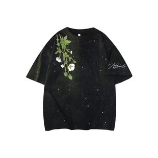 T恤 高街潮流手绘花卉签名字体印花短袖 男女 满天星美式 金贝勒
