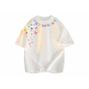 金贝勒 美式潮流创意多巴胺字母卡通手绘涂鸦印花短袖T恤 男女