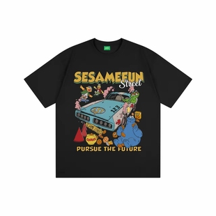 SESAME STREET芝麻街 美式街头卡通动漫字母印花短袖T恤 男女同款
