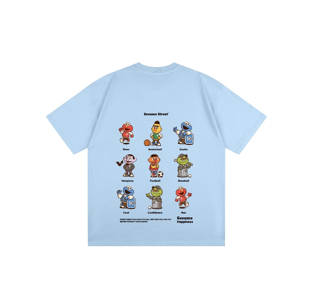 sesame street芝麻街趣味涂鸦字母logo印花圆领短袖t恤男女同款