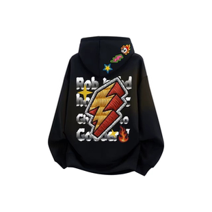 男女同款 复古高街仿万针刺绣闪电火焰印花连帽卫衣 美式 罗宾H