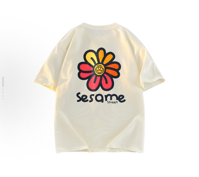 SESAME STREET芝麻街 美式复古花卉logo印花圆领短袖T恤 男女同款