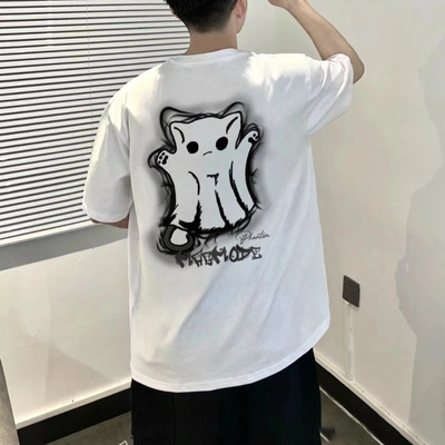 WORK趣味虚幻幽灵猫咪字母Logo印花百搭重磅纯棉短袖T恤男女同款