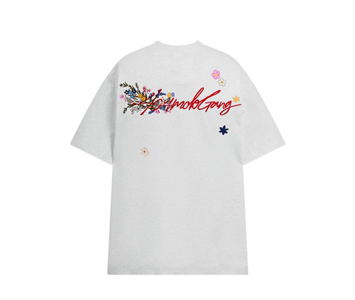 404MOB GANG 美式复古背面花体花卉Logo重磅圆领短袖T恤 男女同款