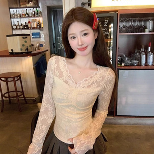 自设工厂现货现发 显瘦短款 纯欲风V领长袖 女修身 内搭 蕾丝衫