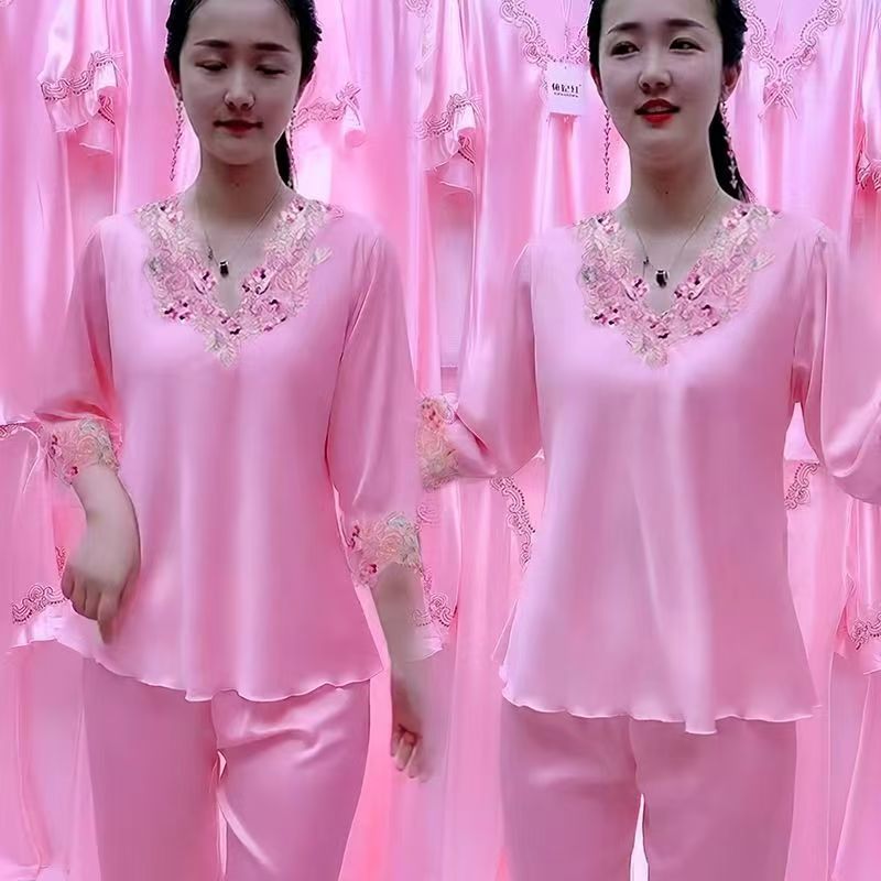 大码丝绸睡衣女夏天薄款七分袖长裤两件套装冰丝性感春秋款家居服