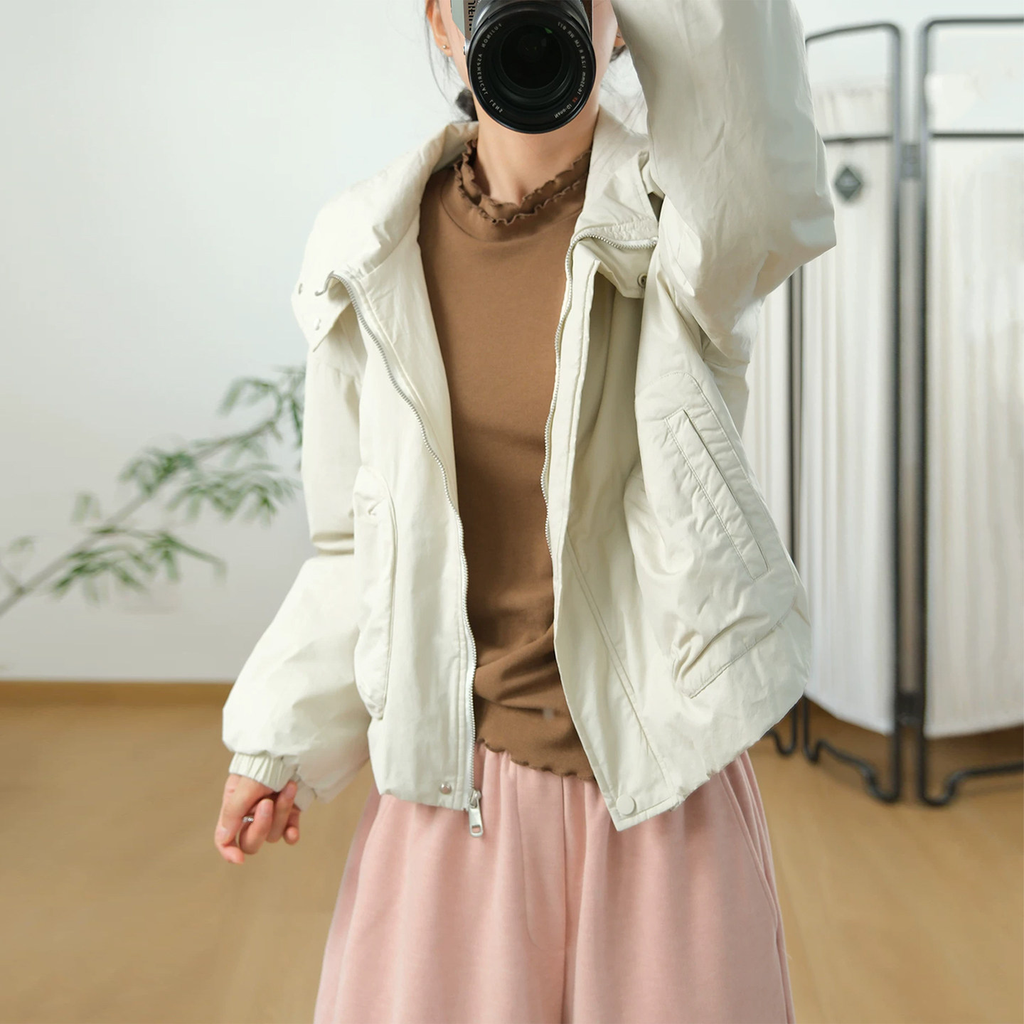 古与色韩版时尚连帽拉链宽松大码休闲百搭保暖夹棉短外套棉服女冬