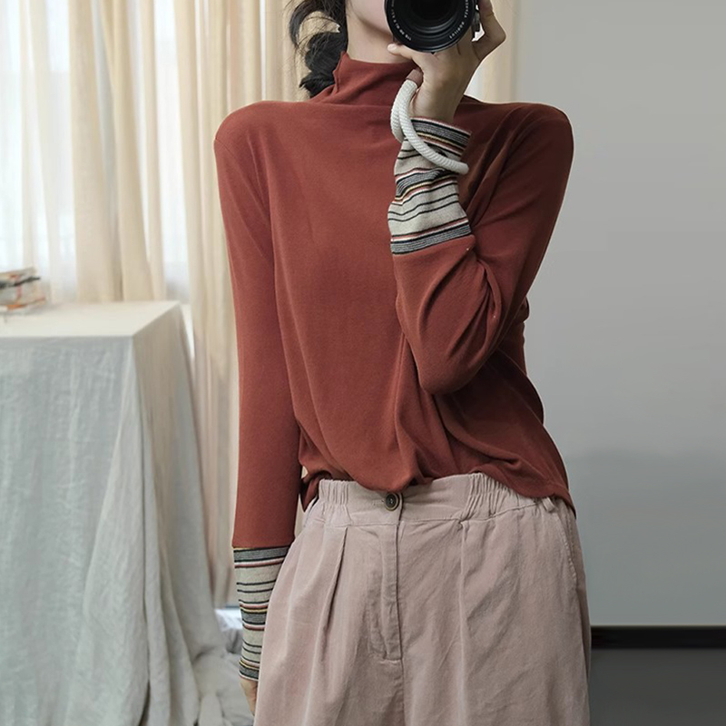 古与色 秋上新文艺复古撞色长袖宽松大码打底高领纯棉T恤衫上衣女