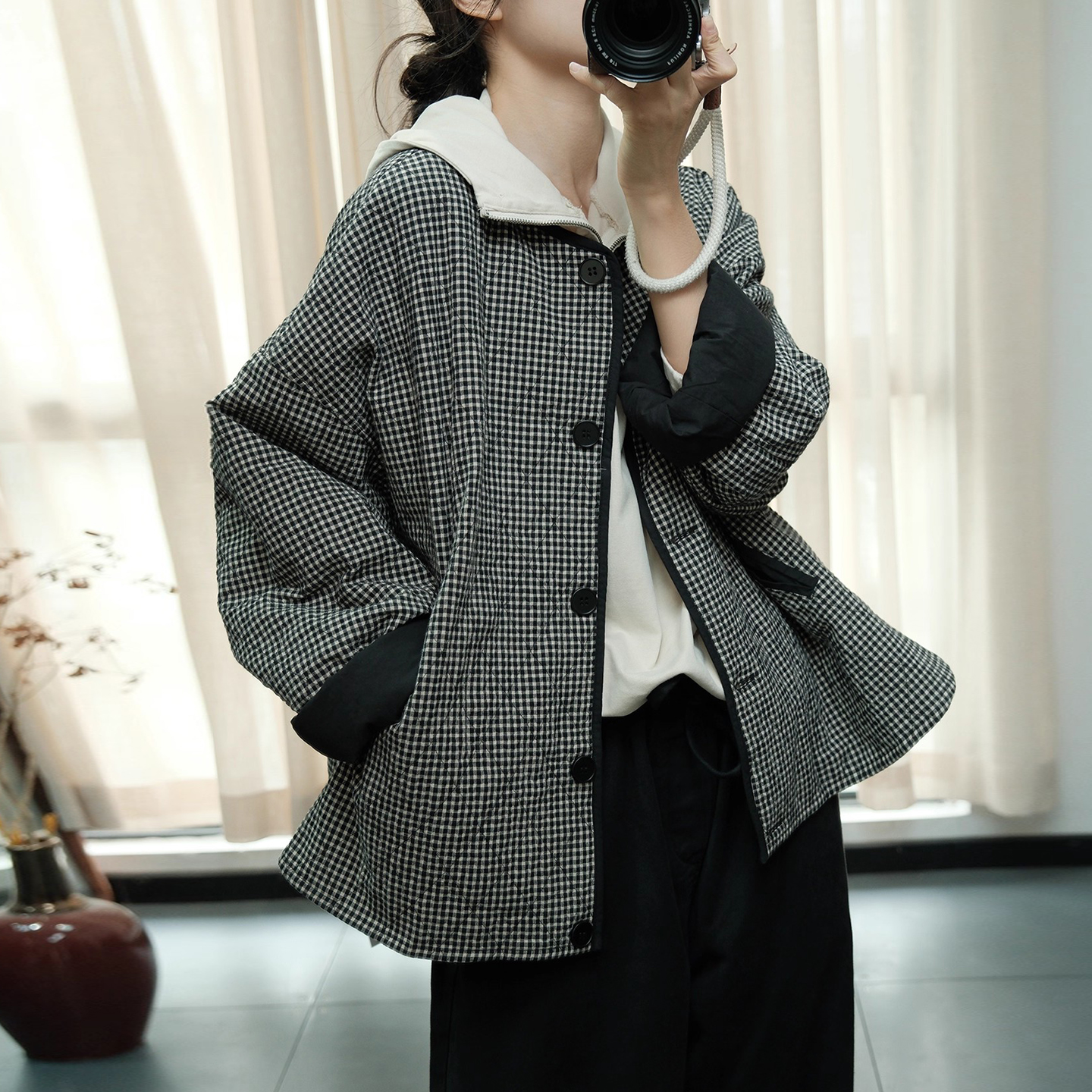 冬季新中式复古格子棉服开衫外套