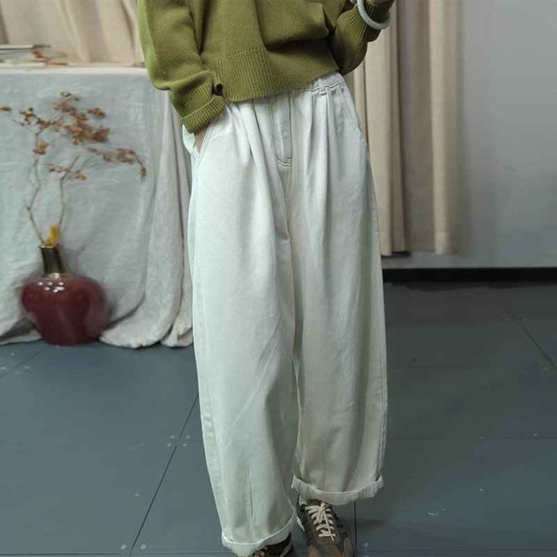 古与色冬季韩版时尚宽松大码休闲长裤百搭松紧腰牛仔加绒阔腿裤女