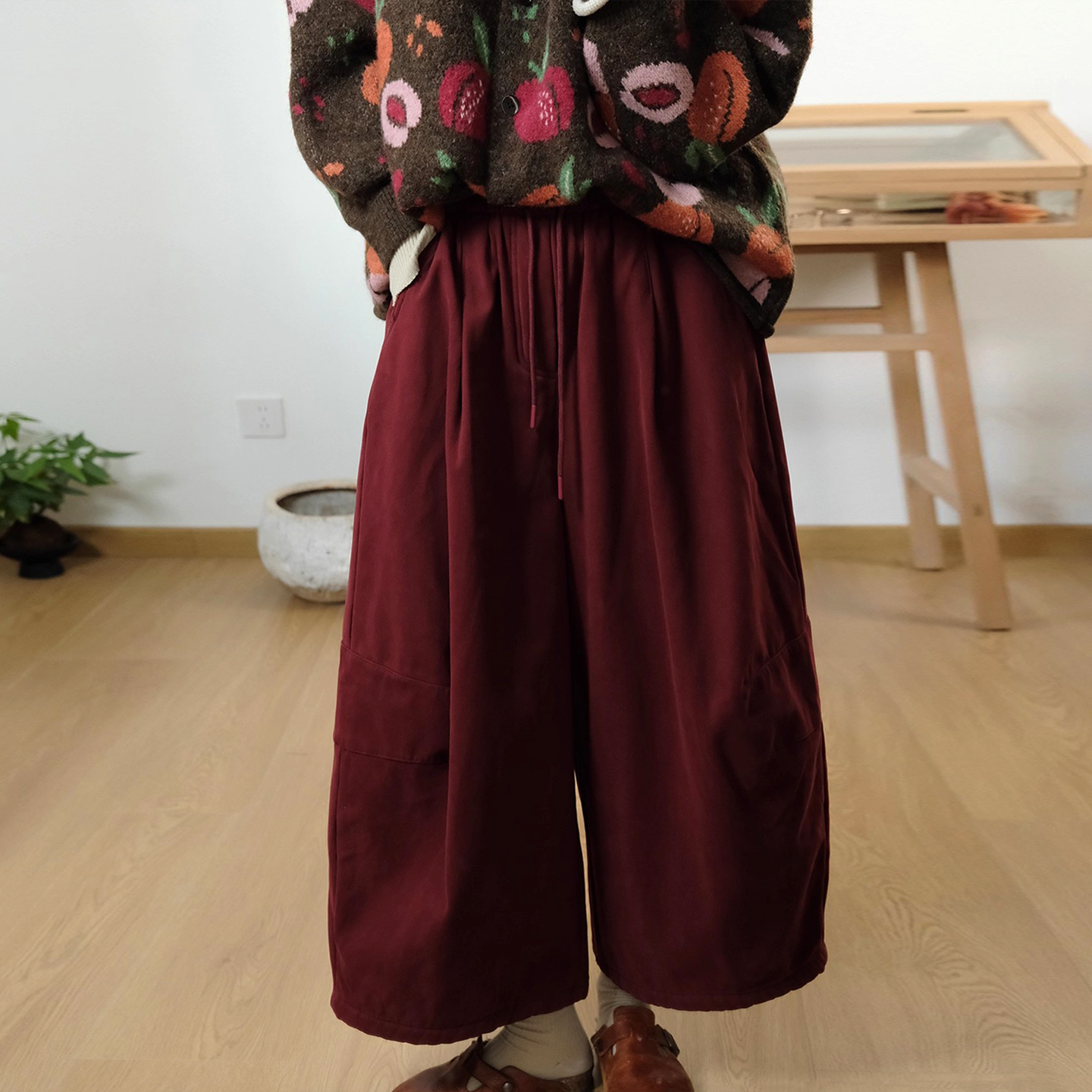 韩版高腰宽松纯棉加绒阔腿长裤女