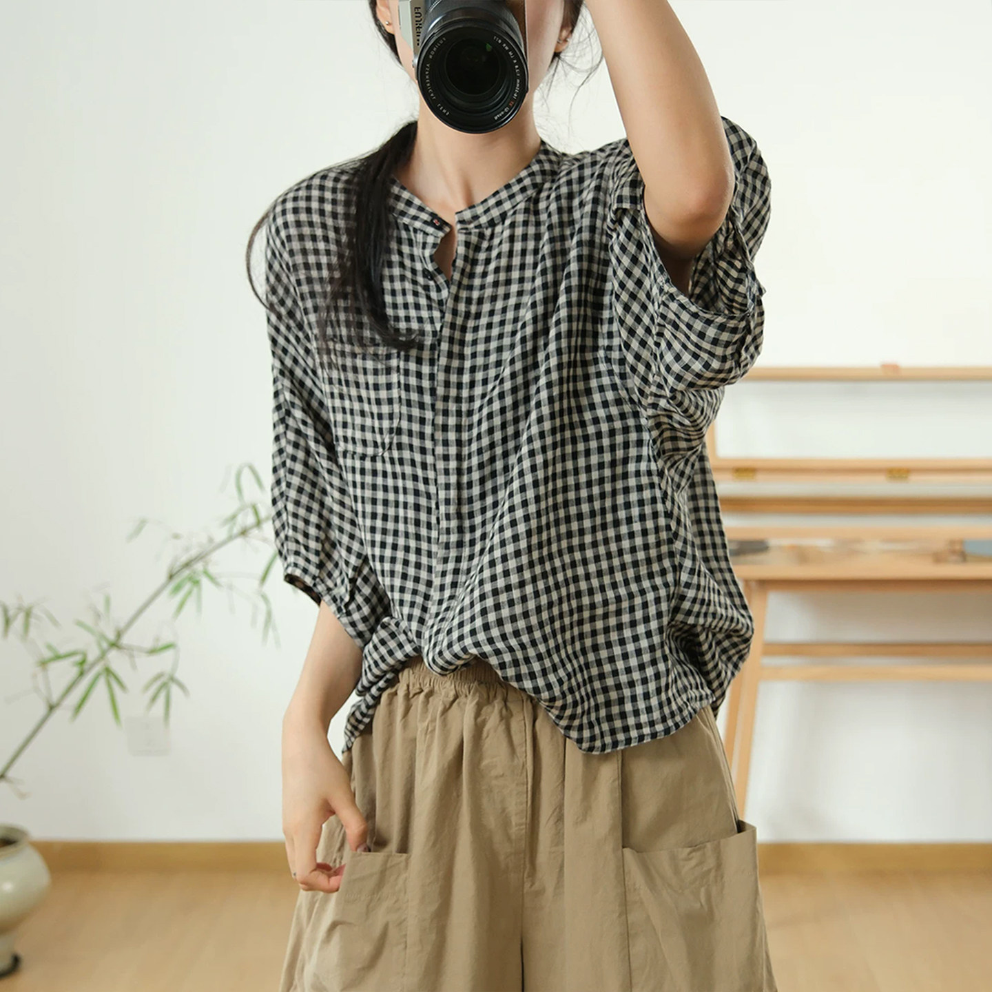 古与色文艺复古蝙蝠袖宽松大码休闲百搭舒适亚麻格子衬衫女上衣夏