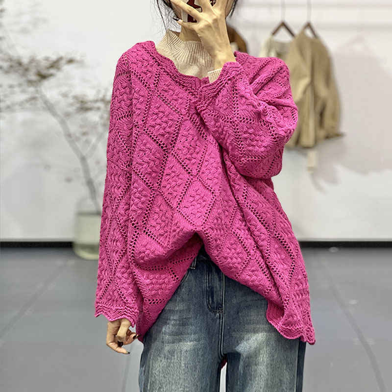 古与色森女系清新提花镂空宽松大码套头休闲长袖棉质针织衫毛衣冬