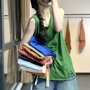破洞百搭纯棉背心打底衫 时尚 休闲无袖 上衣女 T恤衫 夏季 古与色 韩版