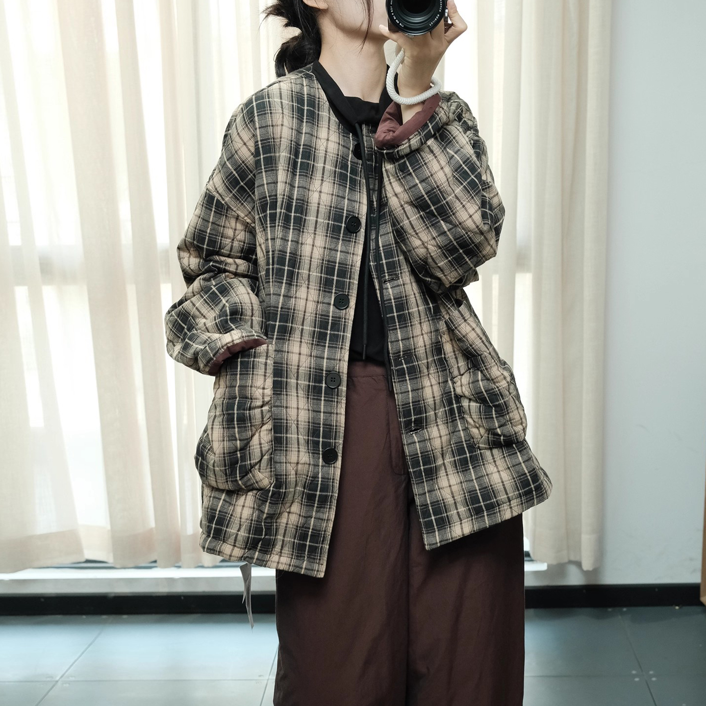 冬季新日韩保暖夹棉格子棉服外套