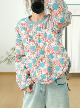 韩版印花宽松夹棉衬衫卫衣棉服女