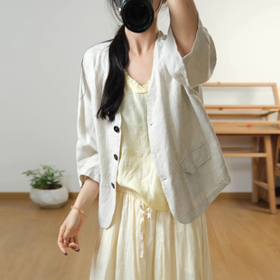 古与色文艺复古宽松大码舒适休闲百搭七分袖亚麻衬衫外套女上衣春