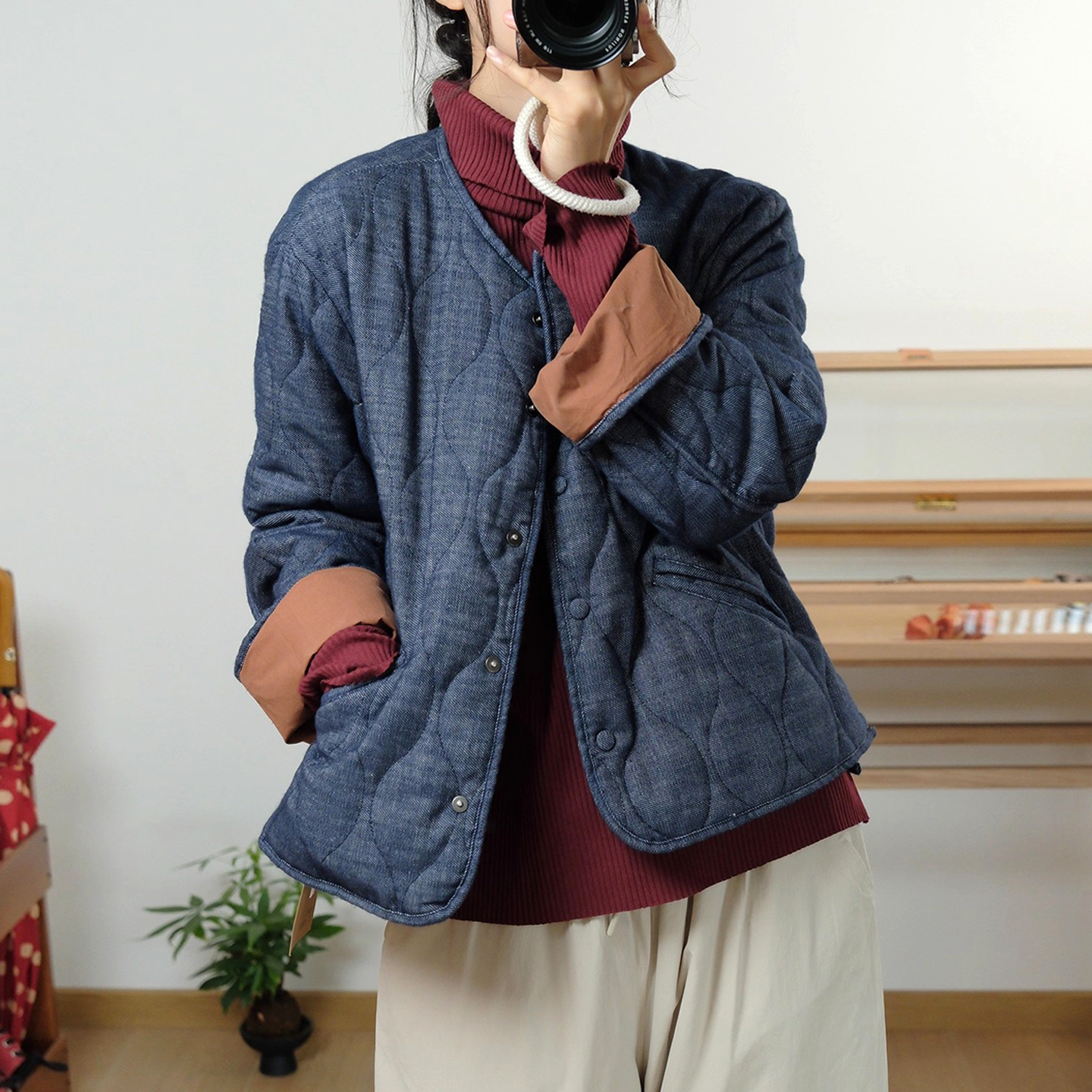 文艺菱格宽松牛仔夹棉短外套棉服