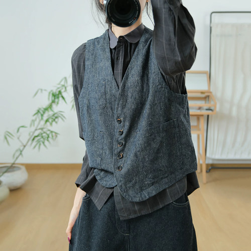 文艺宽松大码棉麻马甲短外套女秋