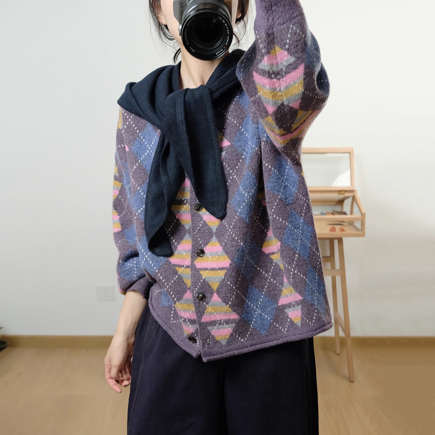 森女提花宽松棉质针织毛衣外套女