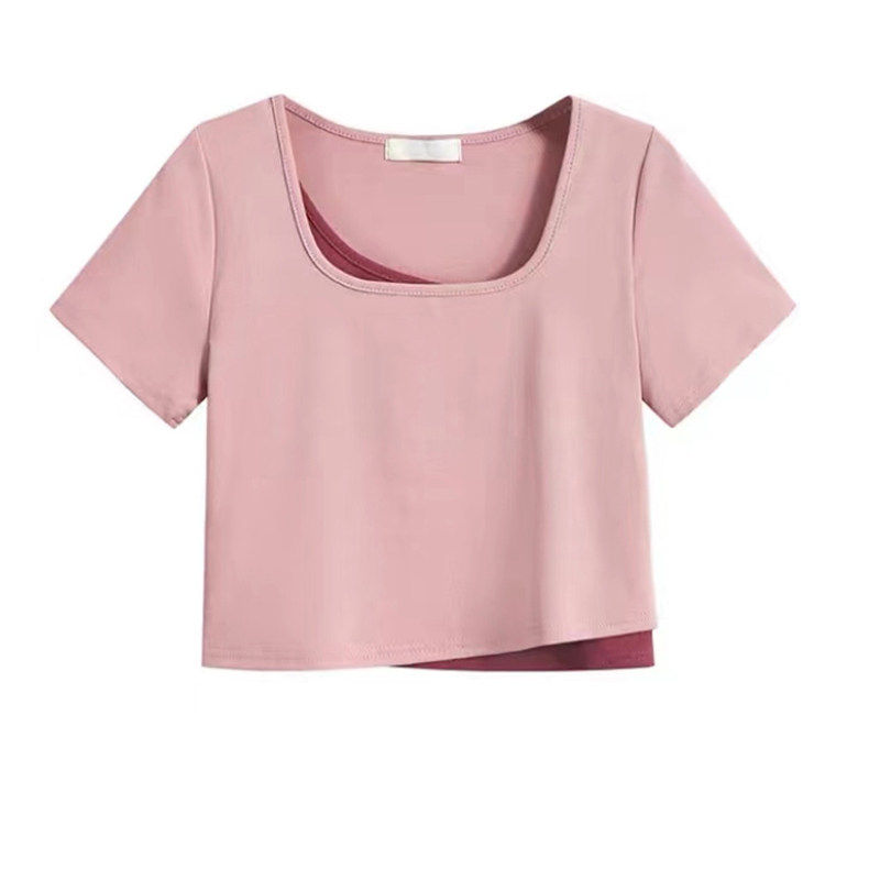 法式正肩假两件套短袖t恤女夏季辣妹设计感小众别致独特短款上衣