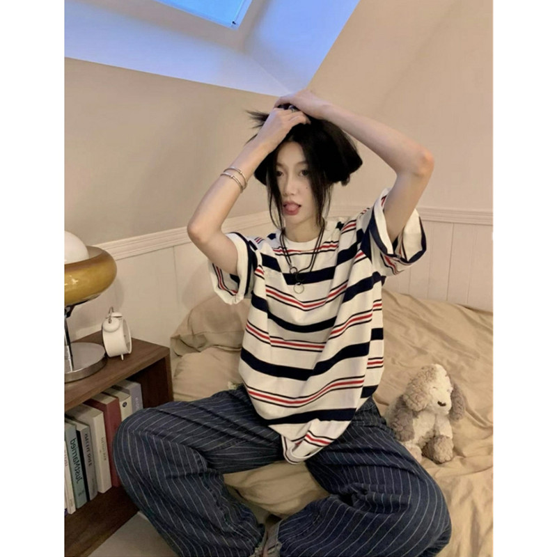 条纹短袖正肩t恤港味女