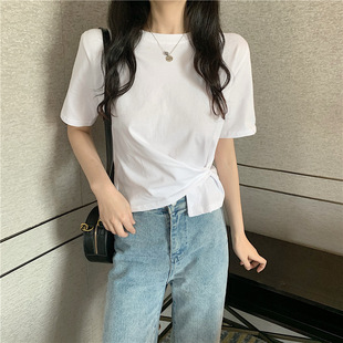 设计感小众短款 不规则正肩短袖 韩版 t恤女2024年新款 上衣ins潮 夏季