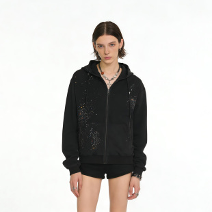 BY春秋美式 拉链卫衣男潮牌高级感痞帅短宽外套情侣 烫钻开衫