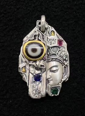 银辰缘 S925纯银绿度母吊坠西藏民族风精工镶嵌天珠挂坠