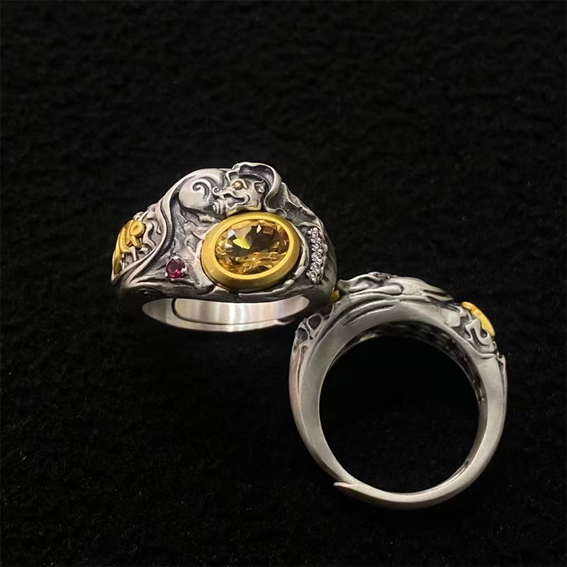 【福利秒价】S925纯银精工镶嵌彩宝吐宝鼠戒指个性时尚指环