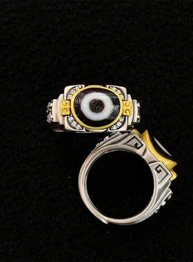 S925纯银镶嵌天珠仿古兽面纹戒指