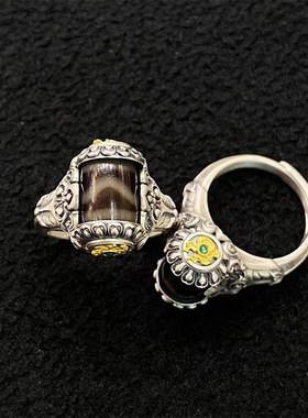 S925纯银镶嵌绿度母虎牙天珠戒指