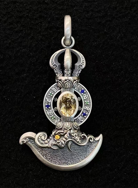 【藏玺物与悟/缘】S925纯银镶嵌金刚铖刀吊坠民族风精工银饰挂坠