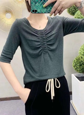 Sukor棉T恤女设计感小众2021秋百搭显瘦气质打底衫chic半袖上衣潮