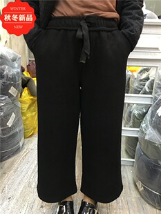 茗苒毛呢料阔腿裤女2022秋冬宽松显瘦百搭松紧腰黑色休闲九分裤潮