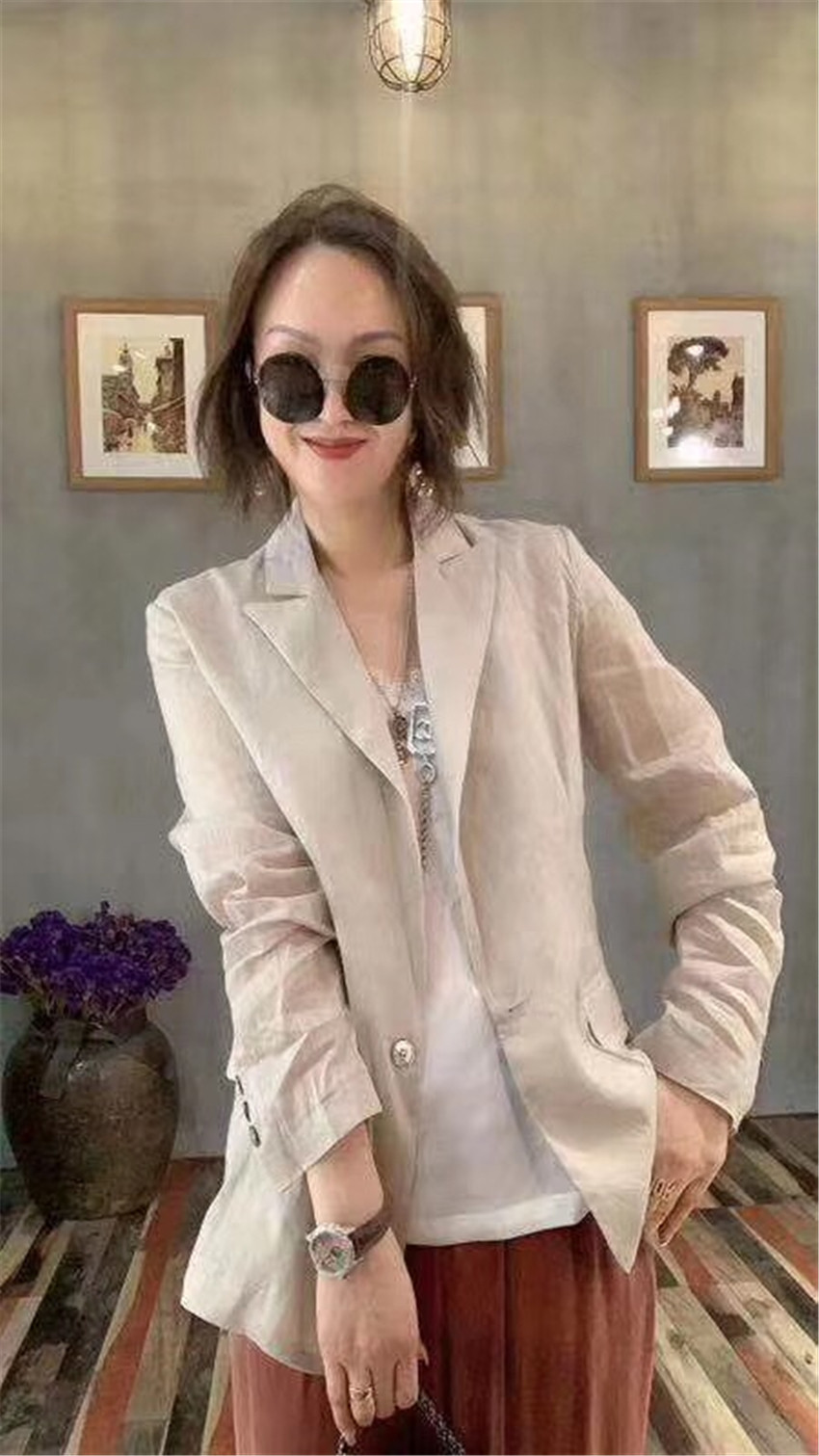 茗苒棉麻西装女长袖2023春季宽松气质优雅休闲小个子薄款西服外套