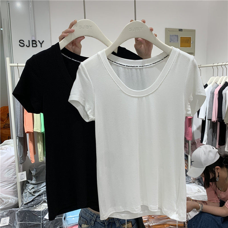 短袖简约螺纹弹力紧身打底衫女夏