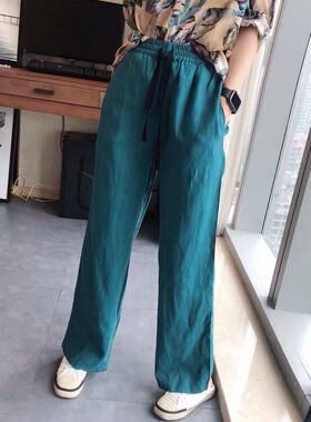 茗苒亚麻阔腿裤女夏宽松百搭显瘦气质垂感松紧腰系带休闲直筒长裤