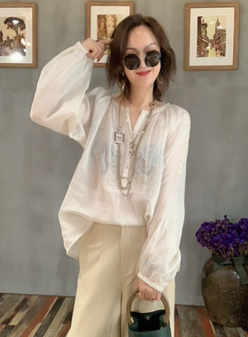茗苒苎麻薄款衬衫女 灯笼袖春夏宽松文艺气质v领复古刺绣长袖上衣